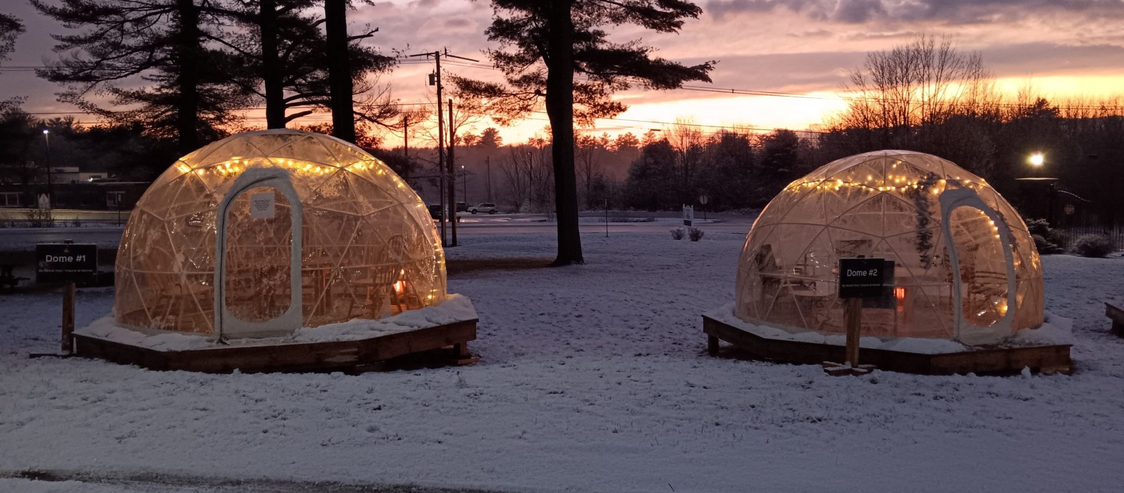 heated snow globes at sunset