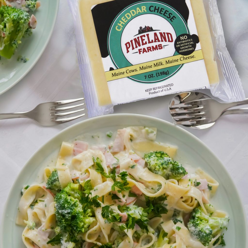 Pineland Farms Cheddar Cheese and a broccoli cheddar pasta recipe