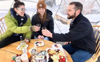 Friends cheersing and eating cheeses and fruit inside a heated snow globe.