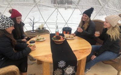 A group of friends having coffee and laughing inside a heated snow globe.